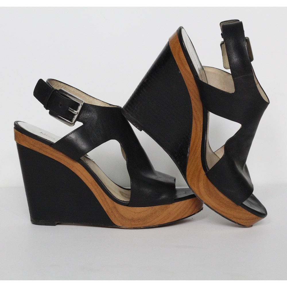 Michael Kors Leather Wedges in Black and Wood